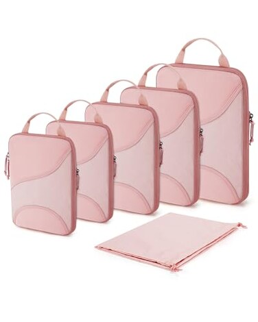BAGSMART Compression Packing Cubes 6 Set Travel Packing Cubes for Suitcases Compression Suitcase Organizers with Shoe Bag Baby Pink