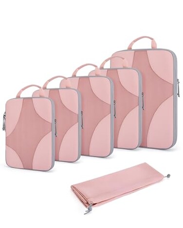 BAGSMART Compression Packing Cubes for Travel Compressible Luggage Organizer for Cruise Ship Lightweight Travel Essentials 6Pack 1L2M2S1Shoe Bag Pink