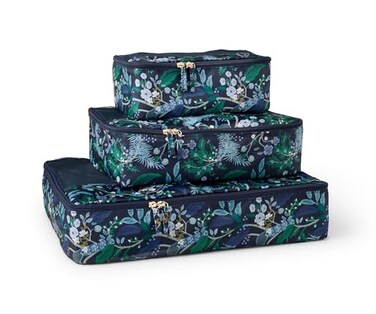 RIFLE PAPER CO. RIFLE PAPER CO Soft Sided Packing Cubes Set of 3 Includes 3 Different Sizes and a Laundry Bag Travel Must Have Accessory Stylized Pattern Peacock