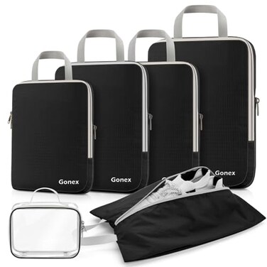 Gonex Compression Packing Cubes 6pcs Expandable Storage Travel Luggage Bags Organizers with Shoe Bag Clear Toiletry Bag Black