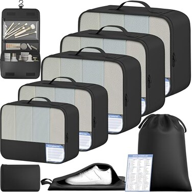 BAGAIL 9 Set Packing Cubes with Packing List Luggage Packing Organizers for Travel Accessories Black