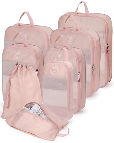 Bunnychill 8 Set Compression Packing Cubes for Travel Portable Zipper Packing Cube for Cloting Expandable Space Saver Storage Luggage Organizer Bags for SuitcasesPink