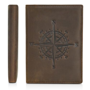 POLARE ORIGINAL Polare Slim RFID Blocking Leather Passport Holder Travel Bifold Wallet For MenDark Brown Compass