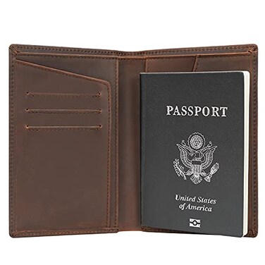 POLARE ORIGINAL Polare Functional RFID Blocking Leather Passport Holder Travel Bifold Wallet For MenDark Brown