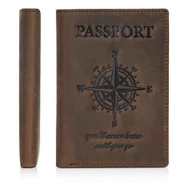 POLARE ORIGINAL Polare Luxury RFID Blocking Leather Passport Holder Travel Wallet For Men and Women Dark Brown Compass