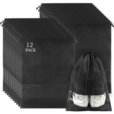 COIDEA 12 Pack Large Shoe Bags for Packing with Clear Window Dustproof Drawstring Travel Shoe Storage Bags for Men Women Black