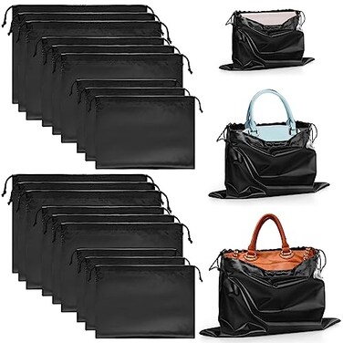 Woanger 18 Pcs Dust Bags for Purses Handbags Satin Purse Storage Organizer with Drawstring 3 Size for Handbag Shoes BootsBlack