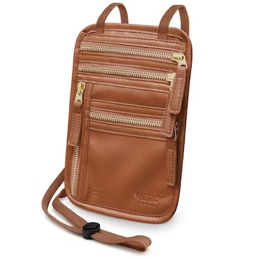 Hero Travel Supply HERO Neck Wallet RFID Blocking Vegan Leather Passport Holder Travel Pouch Tan
