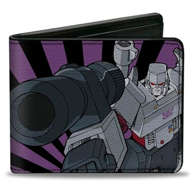 Buckle-Down BuckleDown Hasbro Wallet Bifold Transformers Megatron Blaster and Standing Poses Black Purple Vegan Leather