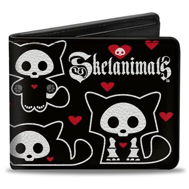 Buckle-Down BuckleDown Skelanimals Wallet Bifold Skelanimals Kit the Cat Poses and Title Logo Black White Vegan Leather