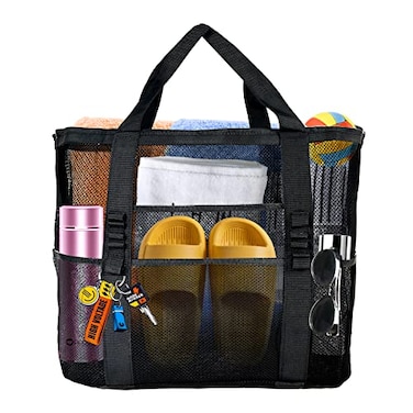 Yunaeduo Extra Large Mesh Beach Bag Lightweight Foldable Family Beach Bag with 9 Pockets for Toys Towels Vacation Essentials Black