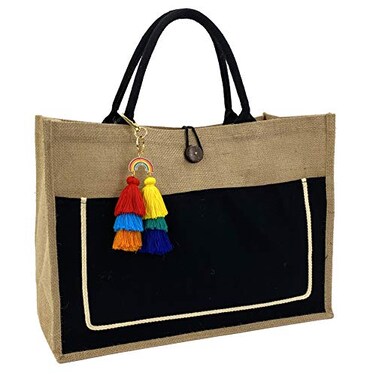 Hibala Woven Large Beach Bag Straw Beach Tote Handmade Weaving Shoulder Tassel Bag Handbag Black