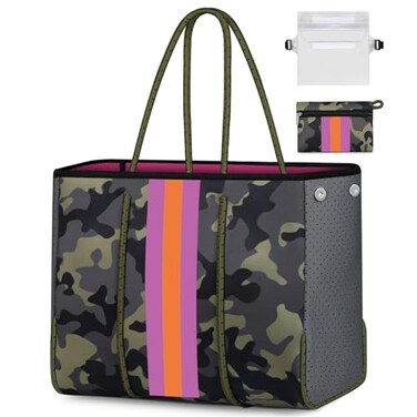IBFUN Neoprene Bag Large Multipurpose Beach Bag Neoprene Tote Bag with Inner Pocket for WomenPoolCamo Green