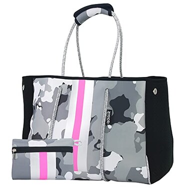 QOGiR Neoprene Multipurpose Beach Bag Tote with Inner Zipper Pocket Camouflage Large