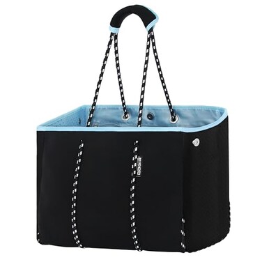 QOGiR Neoprene Multipurpose Beach Bag Tote with Inner Zipper Pocket Pure Black XLarge