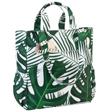 VASCHY Beach Tote Bag for Women Lightweight Water Resistant Foldable Large Pool Tote Bag w Zipper for Vocation Cute Leaves