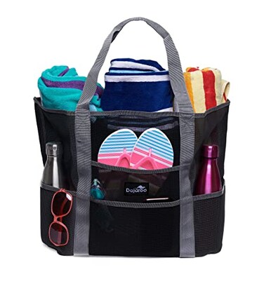 Dejaroo Sand Free Mesh Bag Strong Lightweight Tote For Beach Vacation Essentials Tons of Storage with 8 Pockets Foldable 17x9x15 inches Black with Grey Straps