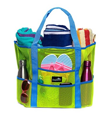 Dejaroo Sand Free Mesh Bag Strong Lightweight Tote For Beach Vacation Essentials Tons of Storage with 8 Pockets Foldable 17x9x15 inches Green with Aqua Straps