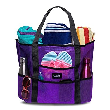 Dejaroo Sand Free Mesh Bag Strong Lightweight Tote For Beach Vacation Essentials Tons of Storage with 8 Pockets Foldable 17x9x15 inches Purple with Black Straps