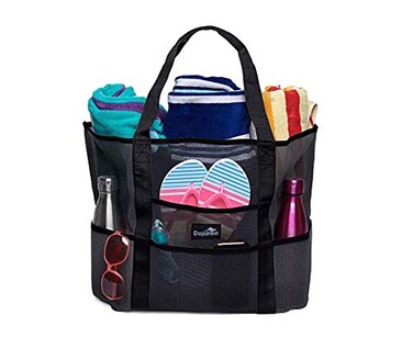 Dejaroo Sand Free Mesh Bag Strong Lightweight Tote For Beach Vacation Essentials Tons of Storage with 8 Pockets Foldable 17x9x15 inches Red and White with Blue Straps