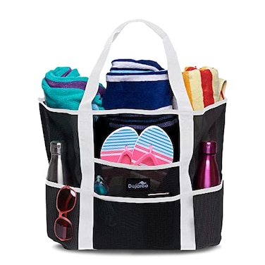 Dejaroo Sand Free Mesh Bag Strong Lightweight Tote For Beach Vacation Essentials Tons of Storage with 8 Pockets Foldable 17x9x15 inches Black with White Straps