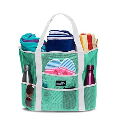 Dejaroo Sand Free Mesh Bag Strong Lightweight Tote For Beach Vacation Essentials Tons of Storage with 8 Pockets Foldable 17x9x15 inches Seafoam with White Straps