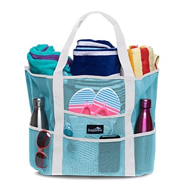 Dejaroo Sand Free Mesh Bag Strong Lightweight Tote For Beach Vacation Essentials Tons of Storage with 8 Pockets Foldable 17x9x15 inches Mint Blue with White Straps