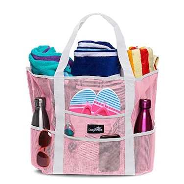 Dejaroo Mesh Sand Free Bag Strong Lightweight Tote For Beach Vacation Essentials Tons of Storage with 8 Pockets Foldable 17x9x15 inches Pastel Pink with White Strap
