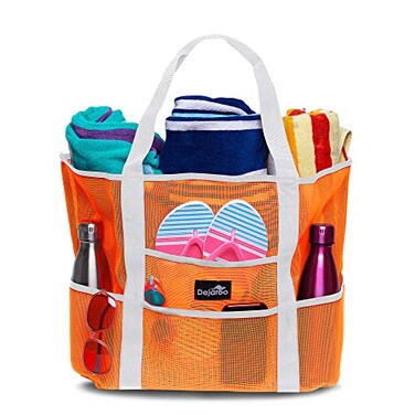 Dejaroo Sand Free Mesh Bag Strong Lightweight Tote For Beach Vacation Essentials Tons of Storage with 8 Pockets Foldable 17x9x15 inches Neon Orange with White Strap