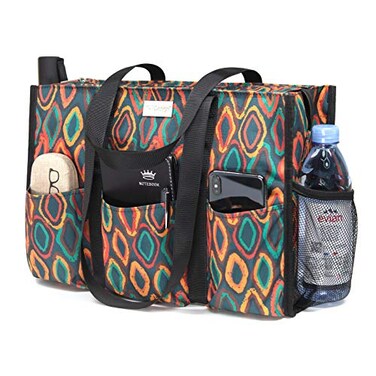 TOPDesign Utility Water Resistant Tote Bag with 13 Exterior Interior Pockets Top Zipper Closure Thick Bottom Support for Working Women Teachers Nurses Accountants Dzi Bead