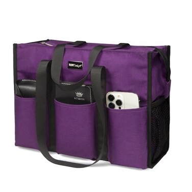 TOPDesign Utility Water Resistant Tote Bag with 13 Exterior Interior Pockets Top Zipper Closure Thick Bottom Support for Working Women Teachers Nurses Accountants Purple