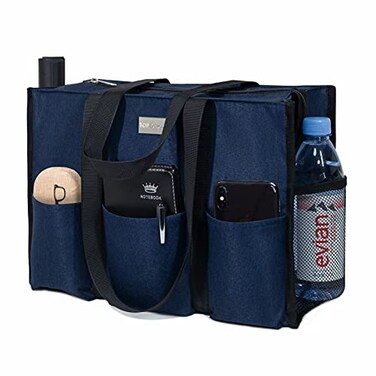 TOPDesign Utility Water Resistant Tote Bag with 13 Exterior Interior Pockets Top Zipper Closure Thick Bottom Support for Working Women Teachers Nurses Accountants Blue