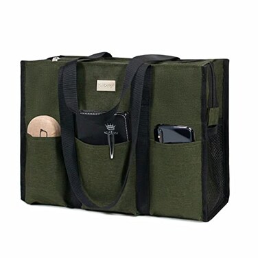 TOPDesign Utility Water Resistant Tote Bag with 13 Exterior Interior Pockets Top Zipper Closure Thick Bottom Support for Working Women Teachers Nurses Accountants Green