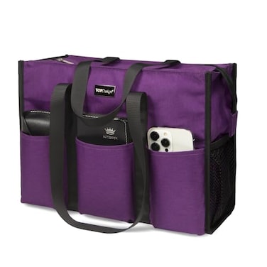 TOPDesign Utility Water Resistant Tote Bag with 13 Exterior Interior Pockets Top Zipper Closure Thick Bottom Support for Working Women Teachers Nurses Accountants Purple