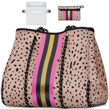 IBFUN Neoprene Bag Large Multipurpose Beach Bag Upgraded Neoprene Tote Bag with Inner Zipper Pocket for WomenBeachPoolPink Leopard