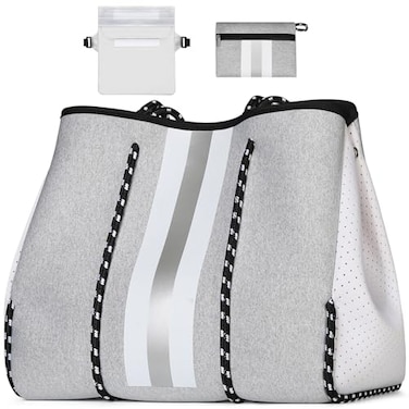 IBFUN Neoprene Bag Large Multipurpose Beach Bag Upgraded Neoprene Tote Bag with Inner Zipper Pocket for WomenBeachPoolGrey White