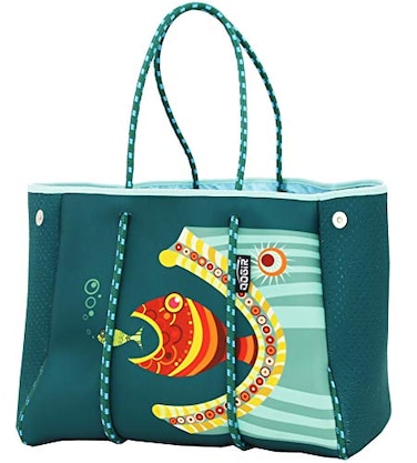 QOGiR Neoprene Multipurpose Beach Bag Tote with Inner Zipper Pocket Fish XLarge