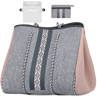 IBFUN Neoprene Bag Large Multipurpose Beach Bag Upgraded Neoprene Tote Bag with Inner Zipper Pocket for WomenBeachPoolPink Grey
