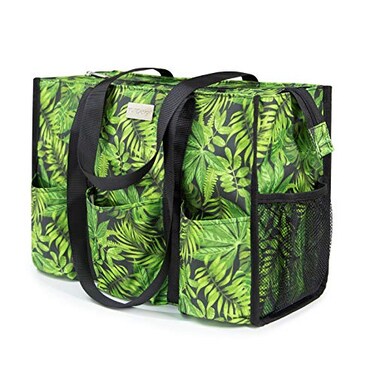 TOPDesign Utility Water Resistant Tote Bag with 13 Exterior Interior Pockets Top Zipper Closure Thick Bottom Support for Working Women Teachers Nurses Accountants Green Leaf