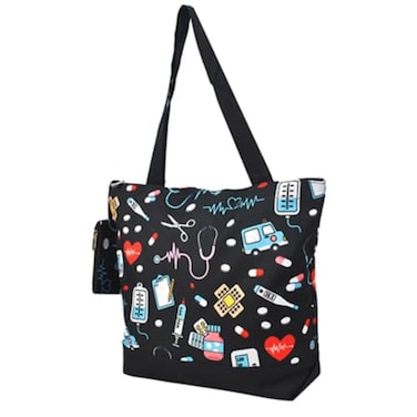 NGIL Medium Top Zipper Closure Canvas Tote Bag with Attached Matching Coin Purse For Moms and Nurses Nurse PrintBlack