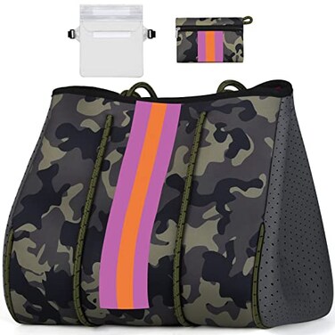 IBFUN Neoprene Bag Large Multipurpose Beach Bag Upgraded Neoprene Tote Bag with Inner Zipper Pocket for WomenBeachPoolCamo Green