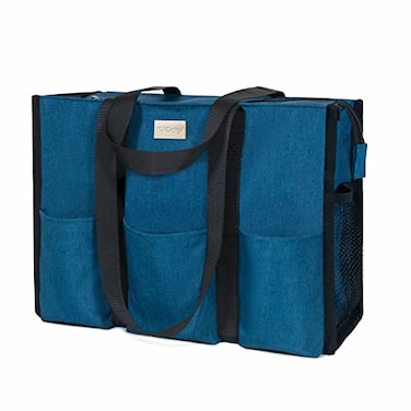 TOPDesign Utility Water Resistant Tote Bag with 13 Exterior Interior Pockets Top Zipper Closure Thick Bottom Support for Working Women Teachers Nurses Accountants Light Blue