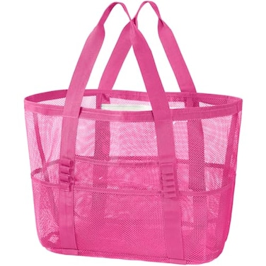 KPX Mesh Beach Bag Tote Bag for Women Large Foldable Mesh Swimming Bag with Pockets Sandproof WaterproofRose PinkPVC Pocket