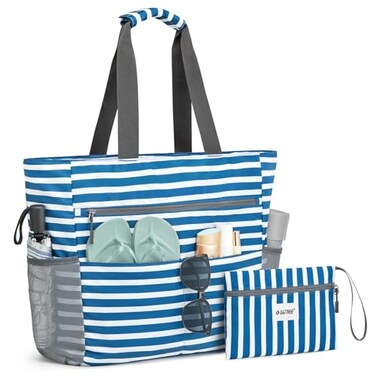 G4Free Beach Bag Waterproof Sandproof Beach Tote Bag Large Capacity Foldable for Women Navy Stripe