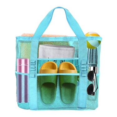 Yunaeduo Extra Large Mesh Beach Bag Lightweight Foldable Family Beach Bag with 9 Pockets for Toys Towels Vacation Essentials Blue