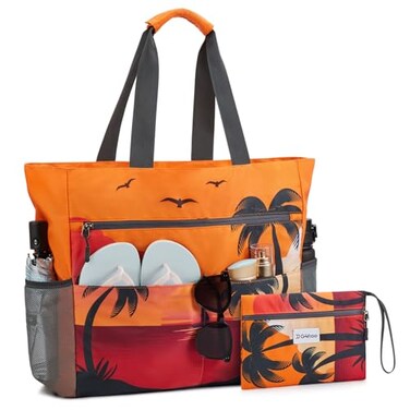 G4Free Beach Bag Large Beach Tote Bag Waterproof Sandproof with Zipper Foldable Tote for WomenSunset Print