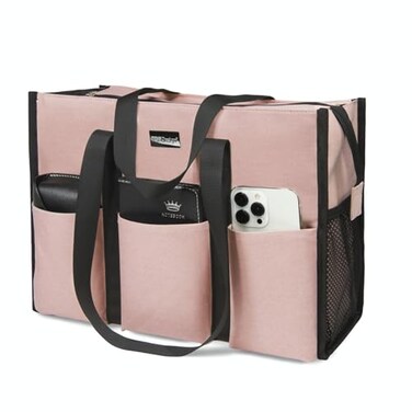 TOPDesign Utility Water Resistant Tote Bag with 13 Exterior Interior Pockets Top Zipper Closure Thick Bottom Support for Working Women Teachers Nurses Accountants Pink