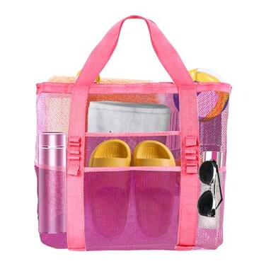Yunaeduo Extra Large Mesh Beach Bag Lightweight Foldable Family Beach Bag with 9 Pockets for Toys Towels Vacation Essentials Pink