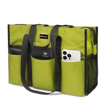 TOPDesign Utility Water Resistant Tote Bag with 15 Exterior Interior Pockets Top Zipper Closure Thick Bottom Support for Working Women Teachers Nurses Accountants Light Green
