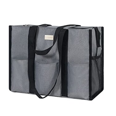 TOPDesign Utility Water Resistant Tote Bag with 13 Exterior Interior Pockets Top Zipper Closure Thick Bottom Support for Working Women Teachers Nurses Accountants Light Grey